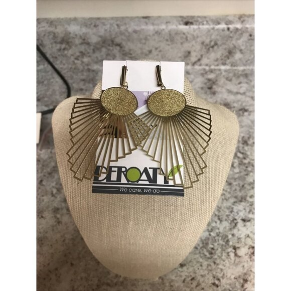 Deroaty Art Deco Statement Drop Dangle Earrings Gold Tone w/Hard Case - Picture 1 of 7
